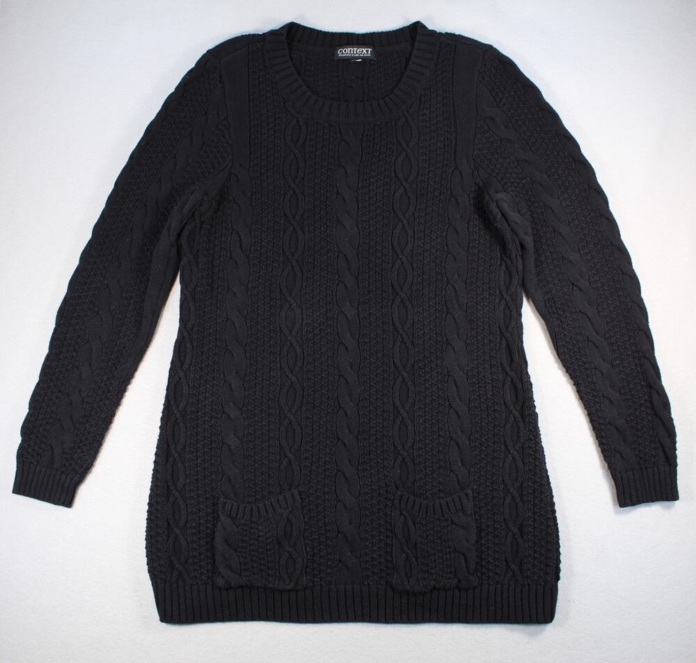 Context Sweater Womens XL Black Cable Knit Tunic Long Sleeve Cotton Pockets